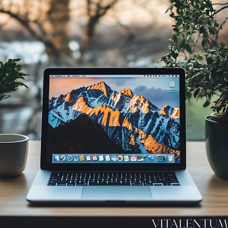 Mountain Landscape on Laptop Screen in a Green Workspace AI Image