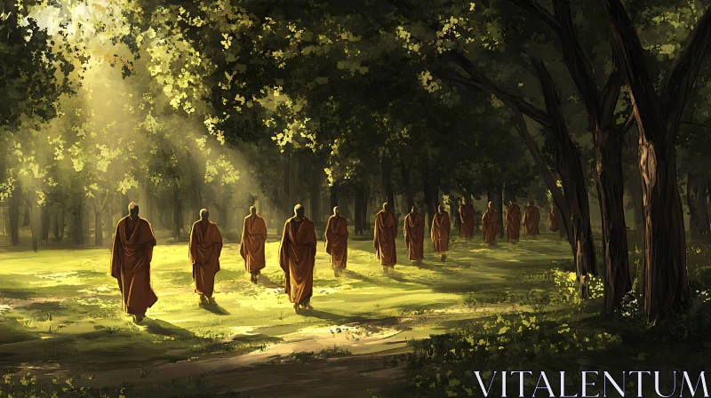 AI ART Peaceful Monks in Forest Sunlight