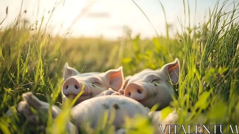 Tranquil Pigs in Sunlit Landscape AI Image