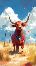 Bull with Blue Ribbon and Butterflies