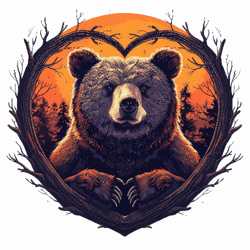 POD Design Illustration of Bear in Heart-Shaped Frame Amidst Forest Sunset