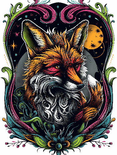 Stylized Fox with Floral Patterns in Retro Style POD Design