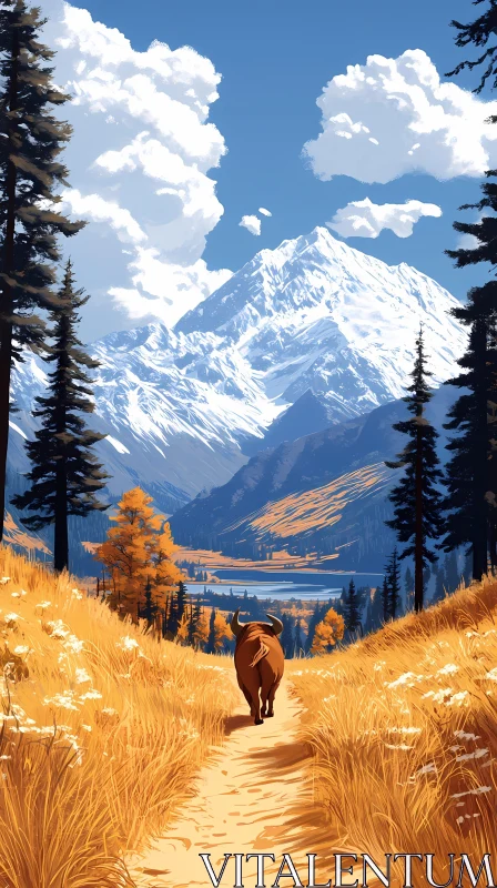 Autumn Mountain Path with Bull AI Image