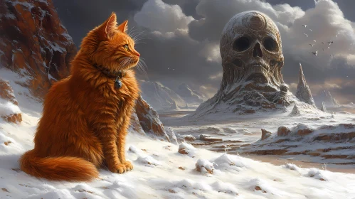 Fantasy Cat and Skull in Snowy Terrain