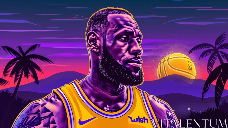 Sunset and Palm Trees with LeBron James Art AI Image