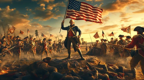 Historical Battle Scene with American Flag