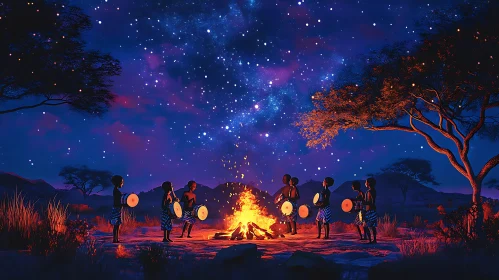 Bonfire Drummers Under Starry Night Sky