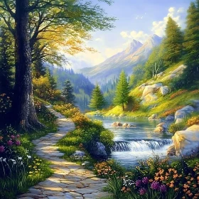 Tranquil Mountain River with Pathway