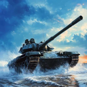 Military Tank in Ocean Waters Painting