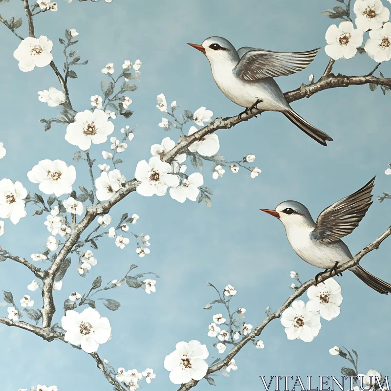 Birds and Blossoms Serene Illustration AI Image