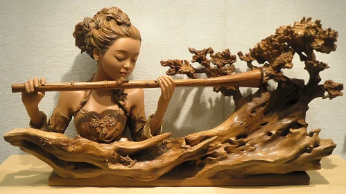 Wooden Sculpture of Woman with Flute