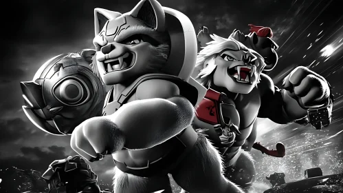 Monochrome Cartoon Animal Fighters