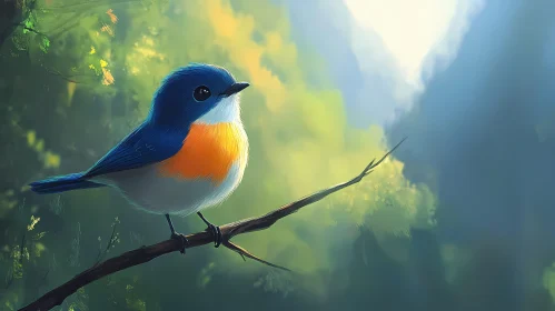 Serene Forest Scene with a Blue and Orange Bird