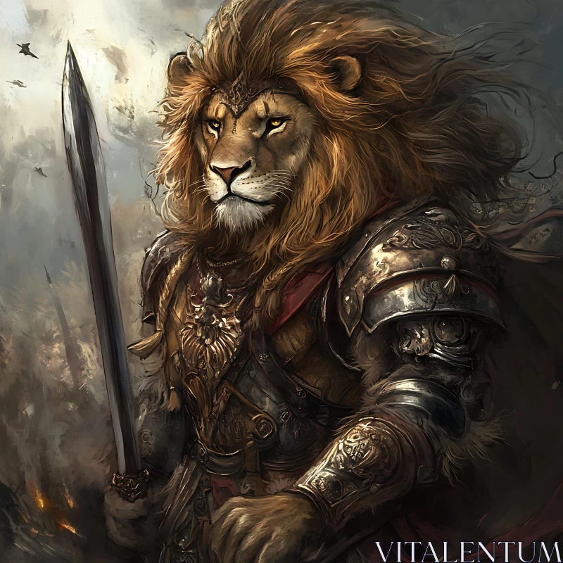 Lion Warrior in Armor Holding Sword AI Image