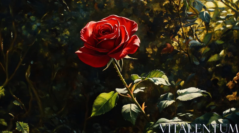 Sunlit Red Rose in a Lush Garden AI Image