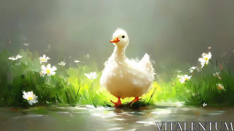 Duck in Flowered Pond AI Image