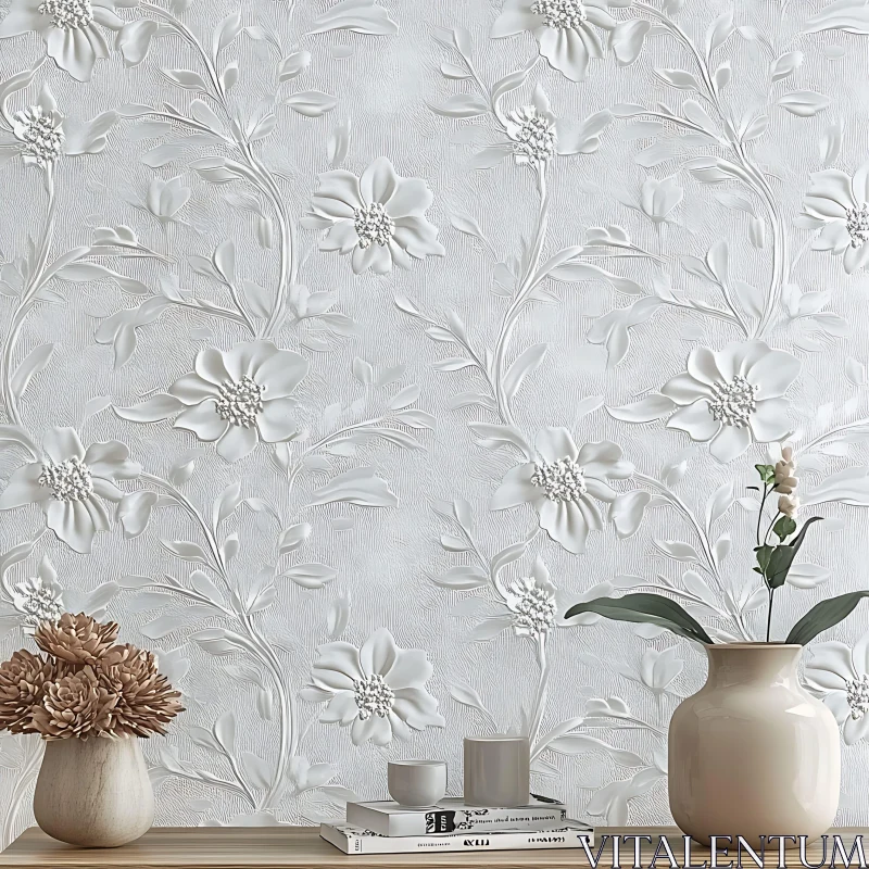 Sophisticated Embossed White Floral Wallpaper AI Image