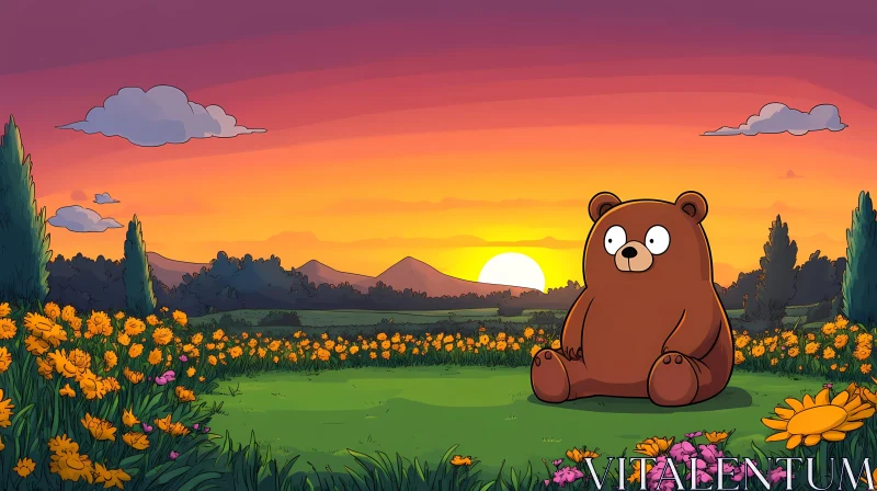 Serene Cartoon Bear at Sunset AI Image