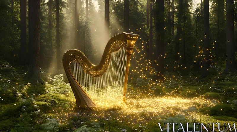 AI ART Golden Harp in Mystical Forest Scene