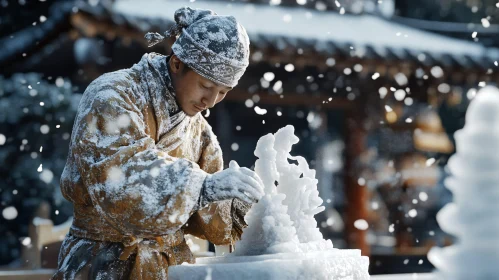 Ice Carver at Work in Winter Snow
