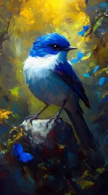 Blue Bird with Butterflies in Natural Setting
