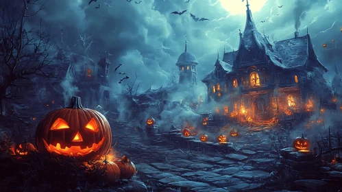 Halloween Night with Pumpkins and Bats