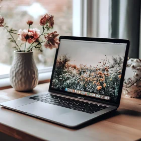 Calm Workspace with Laptop, Floral Wallpaper, and Natural Decor