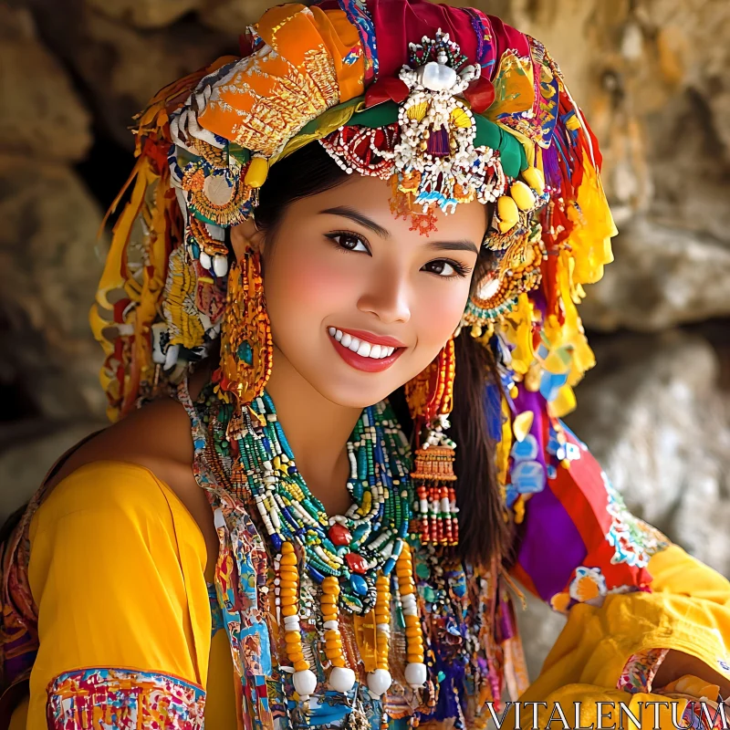 Portrait of Woman in Colorful Headdress AI Image