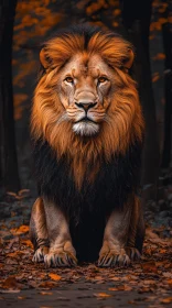 Regal Lion Amidst Fall Leaves