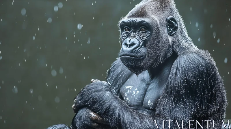 Thoughtful Gorilla in Rainfall AI Image