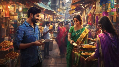 Indian Street Market Scene with Traditional Clothing