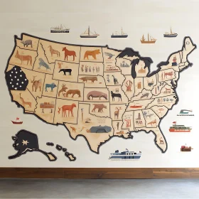 USA States Illustrated with Animals and Landmarks