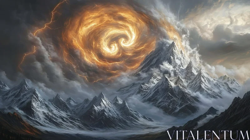 Golden Vortex Above Snowy Peaks AI Image