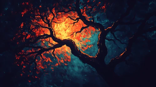 Mystical Tree Illuminated by Fiery Core at Night