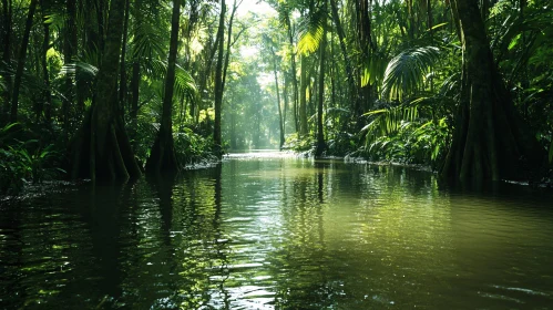 Peaceful Jungle Scene with Water Reflection