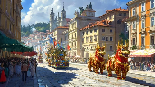 Ornate Dragon Parade in European City