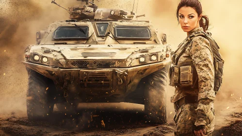 Female Soldier and Armored Vehicle