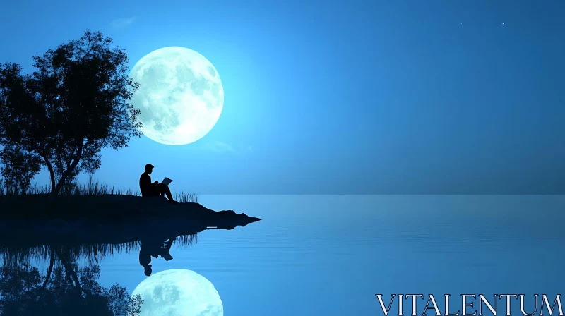 AI ART Silhouette by the Moonlit Water