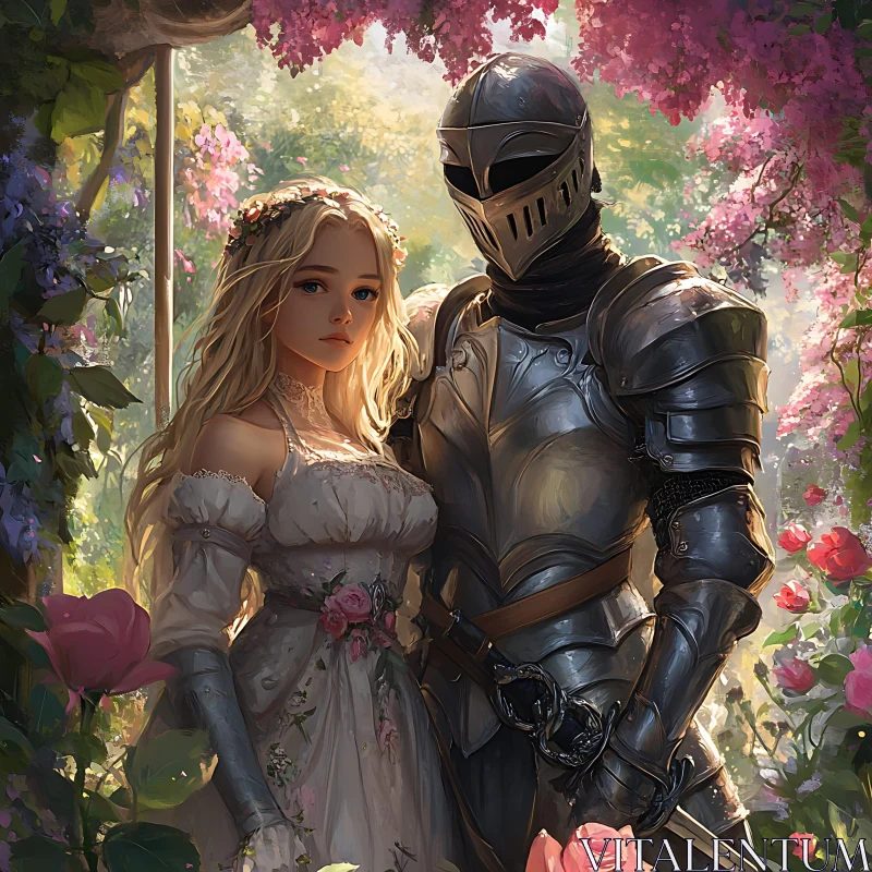 Armored Knight and Fair Maiden in Garden AI Image