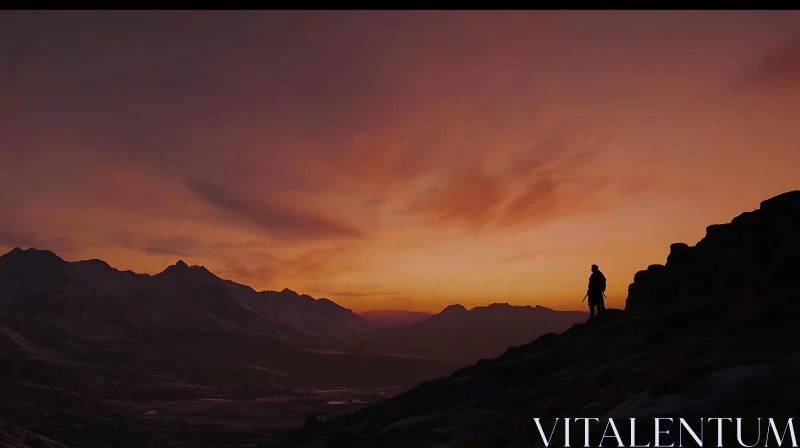 Silhouette on Mountain at Sunset AI Image