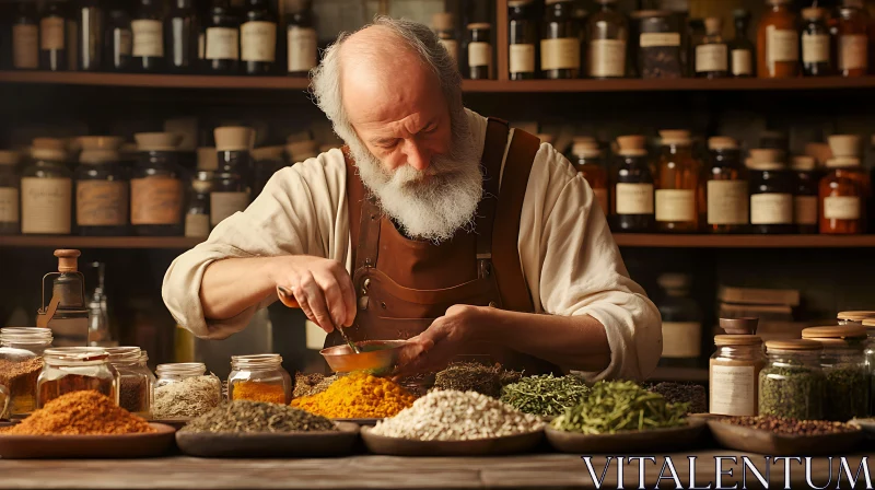 Old Herbalist Preparing Natural Remedies AI Image