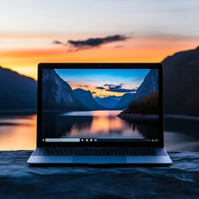 Serene Sunset Reflected on Laptop Screen by Mountain Lake