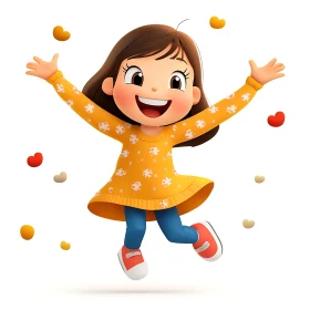 Happy Cartoon Girl Jumping with Hearts