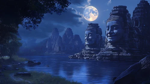 Angkor Stone Faces in Lunar Glow