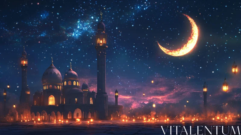 AI ART Mosque at Night with Crescent Moon