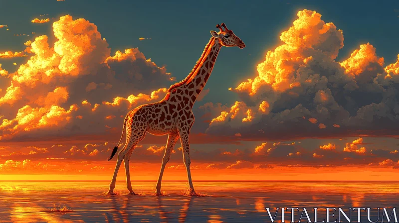 Giraffe Amidst a Vivid Sunset AI Image