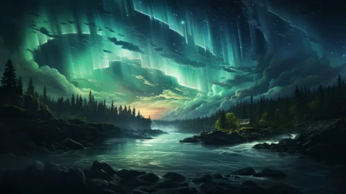Aurora Borealis Over River: A High-Detail Concept Art Painting
