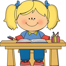 Cartoon Girl Studying at Desk