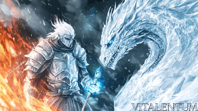 AI ART Fantasy Warrior Facing Ice Dragon