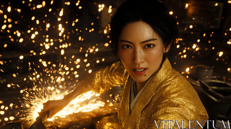 Woman in Golden Robe with Sparks AI Image